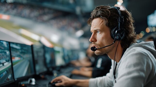 A professional commentator wearing a headset looks intently at computer monitors displaying a car race at a large stadium broadcast booth