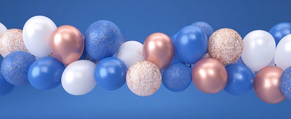 Naklejka premium Elegant blue white and rose gold balloons with glitter enhance celebrations and special occasions.