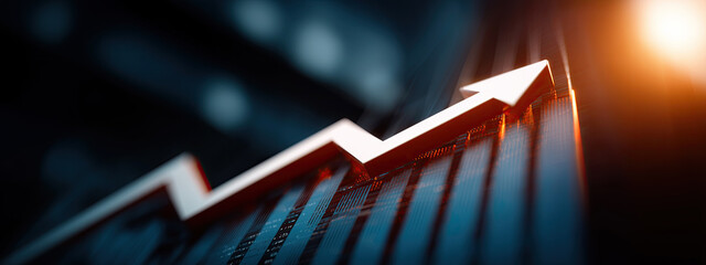 Rising arrow overlays financial graph indicating positive market growth trajectory and investment success.