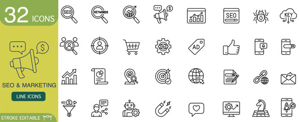 Professional set showing digital seo and marketing line icon for business web optimization. Clean vector collection features symbol like target, graph, megaphone for modern commercial strategy