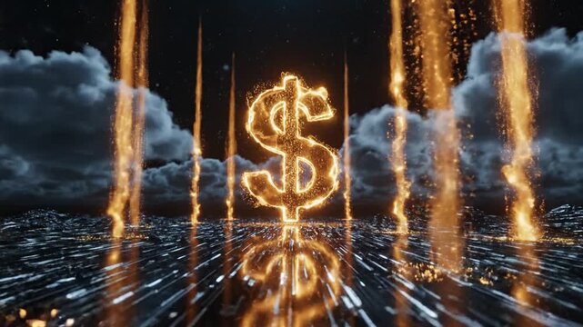 Glowing dollar symbol illuminated by lightning bolts over a futuristic cityscape at dusk from a low-angle viewpoint