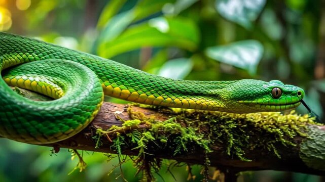 Green Tree Python Coiled on Mossy Branch in Tropical Forest
