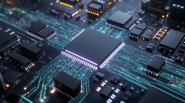 High-tech circuit board with glowing data pathways and a central processor, symbolizing advanced computing and digital information flow.