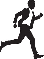 Businessman running or hurrying in suit and tie side view vector silhouette illustration