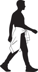 Casual man walking sideways with shirt tied around waist simple vector silhouette illustration