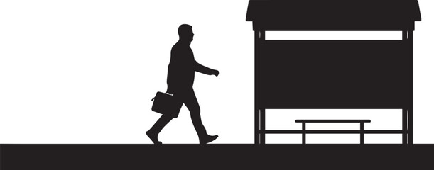 Commuter man walking past bus stop shelter holding briefcase vector silhouette illustration