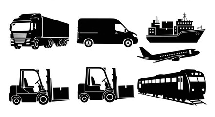 Collection of Silhouetted Transportation Vehicles and Logistics Icons.