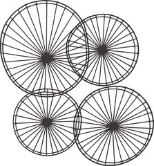 Four overlapping wireframe bicycle wheels in dark grey spokes circle