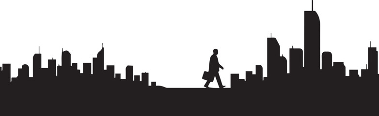 Man with briefcase walking through city skyline vector silhouette illustration urban