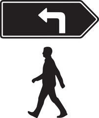 Pedestrian man silhouette walking under street sign with arrow vector illustration graphic