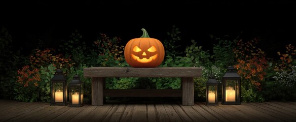 Naklejka premium illuminated carved pumpkin on wooden bench surrounded by cozy fall foliage and lanterns creating festive halloween warmth