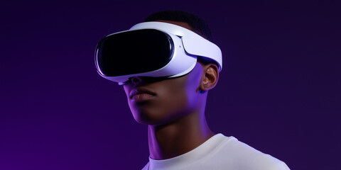 Young man experiencing virtual reality with a VR headset against a purple backdrop. He wears a simple white t-shirt, emphasizing focus on the technology