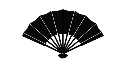 An elegant unfolded hand fan is depicted in stark black against a white background creating a striking silhouette © Jahid
