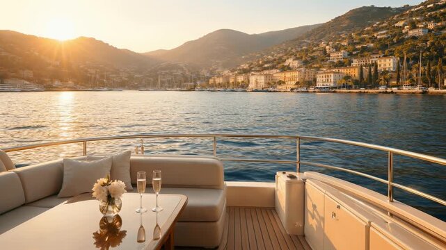 Scenic view of luxury yacht deck with elegant seating, champagne glasses, and floral arrangement, overlooking tranquil water and hillside village during sunset on the Mediterranean coast