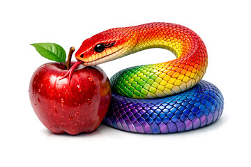 Vibrant rainbow colored snake biting into a fresh red apple isolated on white background temptation concept