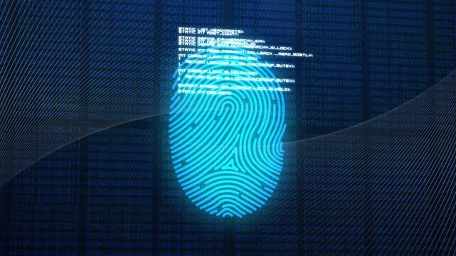 Thin wave starting from left sweeping over fingerprint, code blocks showing, hues pulsing for scan