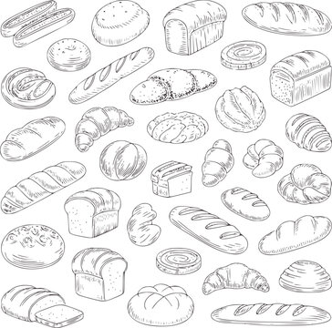 Pen and ink of assorted baked bread and pastries pastry loaf baguette