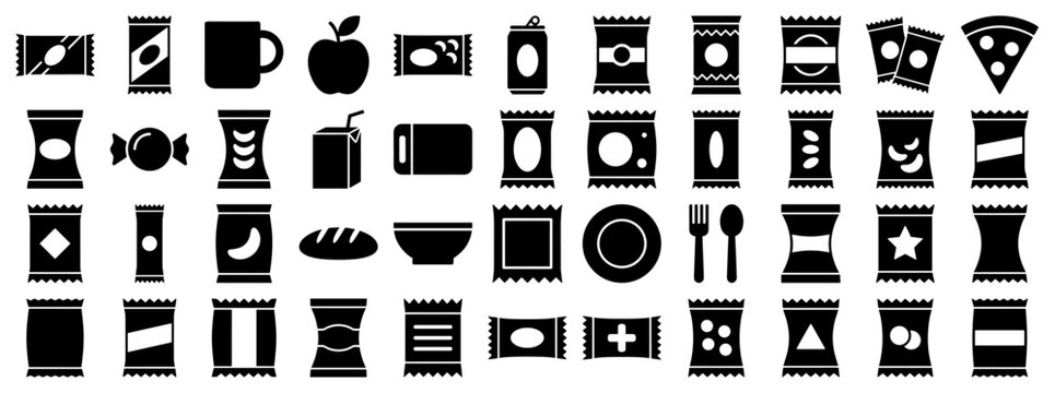 Food and snack packaging icons in a minimalist black filled silhouette style for interface design