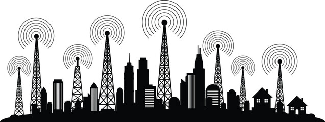 Black and white city skyline with communication towers and wireless signals urban landscape © Nafij World