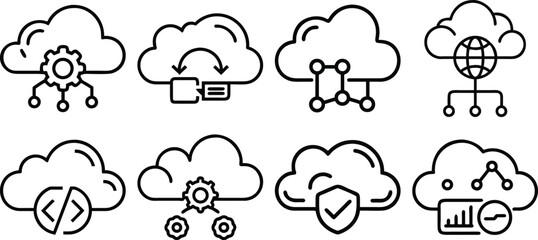 Fototapeta premium Data Processing web icons in line style. Analytics, gear, network, statistic, filter, diagrams, technology. Icon collection. Editable stroke. Vector illustration. 