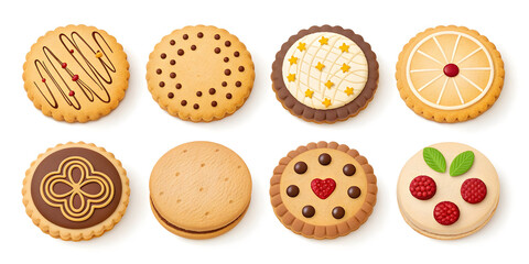 Obraz premium Assorted round cookies isolated on white background presented as a clean bakery snack collection for commercial use