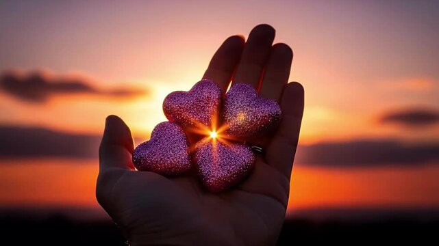 A close-up shot captures a hand gently holding four shimmering, glitter-covered heart ornaments against a breathtaking sunset backdrop. The warm glow of the setting sun creates a beautiful sunburst ef