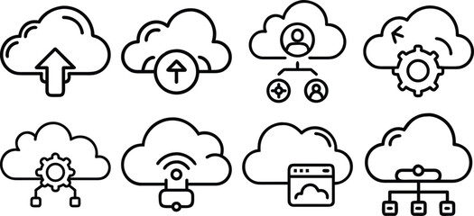 Obraz premium Data Processing web icons in line style. Analytics, gear, network, statistic, filter, diagrams, technology. Icon collection. Editable stroke. Vector illustration. 