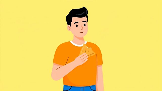 A cartoon illustration of a young man in an orange shirt holding a piece of food with a bite taken out, against a yellow background.