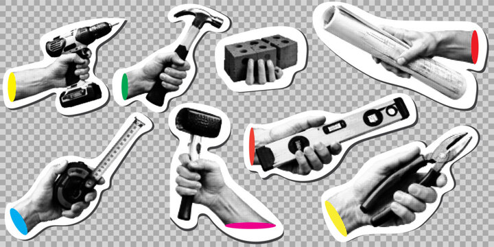Halftone construction tools set featuring hands holding drill, hammer, spirit level, tape measure, and pliers for DIY and home renovation projects