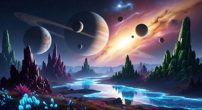 Alien planet landscape with glowing river, alien plants and celestial bodies
