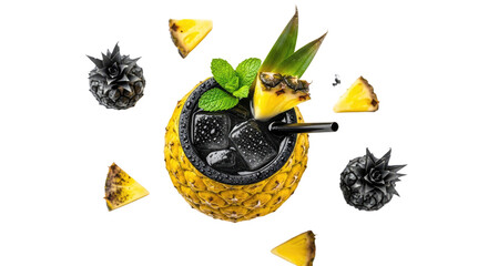 Tropical Pineapple Cocktail with Mint and Fruit Garnishes.
