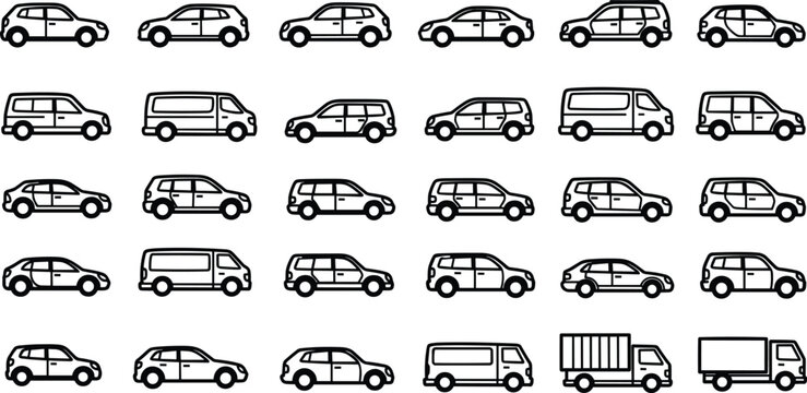 Set of black and white line vehicles including cars, vans, and trucks