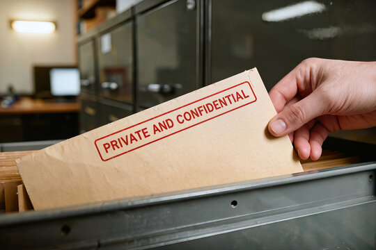 Close-up of a white Caucasian person's hand reaching and pulling out a manila file folder from a filing cabinet, labelled with the words "Private and Confidential" stamped in red ink on the document