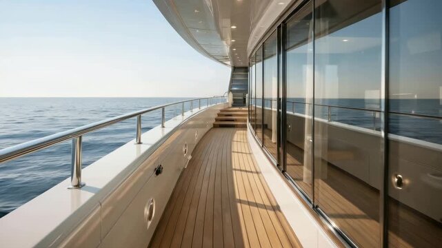Luxury yacht deck with polished wooden flooring and glass railings, showcasing a serene ocean view, as sunlight reflects off the water, creating a tranquil atmosphere on the upper level