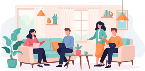 Four people work on laptops and discuss ideas while relaxing in a comfortable living room setting