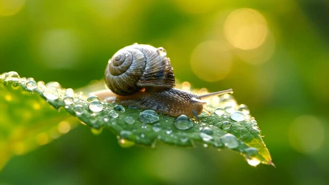 Close-up of a snail with a spiral shell crawling on a green leaf covered with water droplets in a bright, natural setting