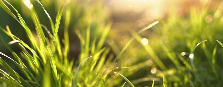 Spring grass swaying in soft golden sunlight, panning right.