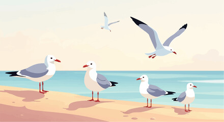 Fototapeta premium Five seagulls rest and fly on a sandy beach by the ocean