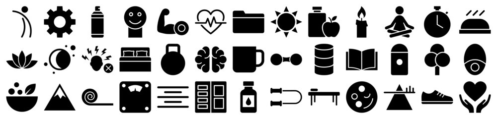 Health and wellness icons in a solid black glyph style featuring fitness and lifestyle symbols