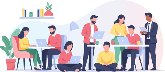 Diverse team collaborating on laptops in a modern office space