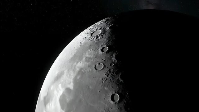 A realistic, detailed view of a crescent celestial body slowly traversing the immense darkness of space. Its rugged, cratered surface is dramatically illuminated along one curved edge, casting deep sh