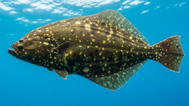 Close-up view of a large flatfish, possibly a halibut or flounder, with spotted brown skin, swimming in clear blue ocean water.
