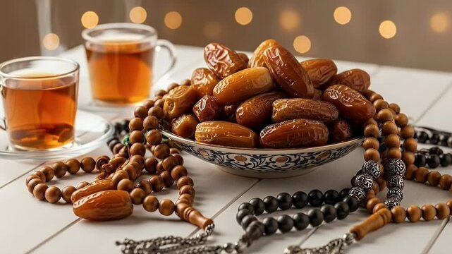 A serene still life composition features a beautifully arranged bowl filled with glistening dates, positioned centrally on a clean white wooden surface. Surrounding the bowl are elegant strands of tra