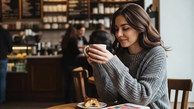 A serene young woman with long brown hair enjoys a warm beverage in a bustling yet cozy cafe setting. She takes a moment to herself, closing her eyes to savor the aroma and taste, then smiles contente