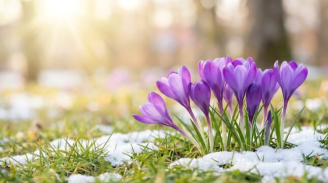 Purple crocus flowers blooming in spring with snow and bright sunlight.