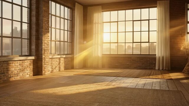Spacious empty loft with large windows brick walls and natural sunlight interior design