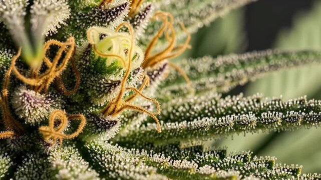 A stunning macro close-up reveals the intricate details of a green plant bud, densely covered in sparkling, crystal-like trichomes and delicate orange pistils. This botanical marvel showcases the comp