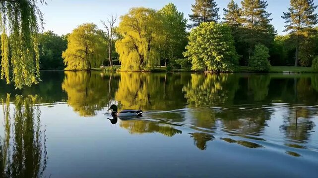 A tranquil scene unfolds as a lone duck gracefully glides across the calm surface of a serene pond, leaving a gentle ripple in its wake. Vibrant green trees, bathed in soft daylight, are perfectly ref