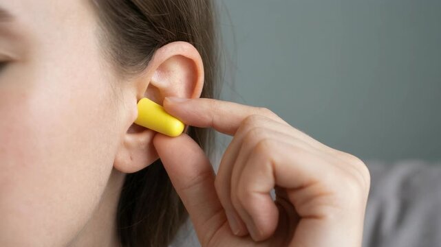 Close up of person inserting yellow earplugs for hearing protection and noise reduction