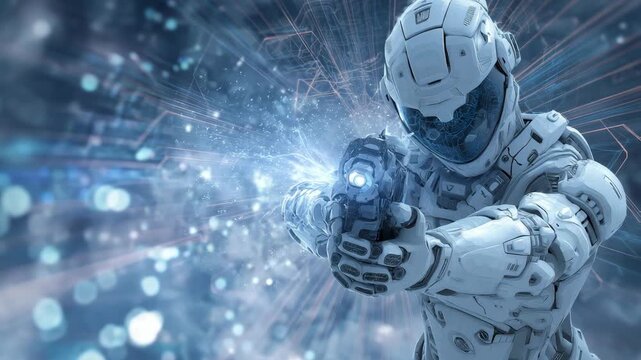 A robotic soldier performs tactical maneuvers with a weapon in a high tech environment during a training simulation